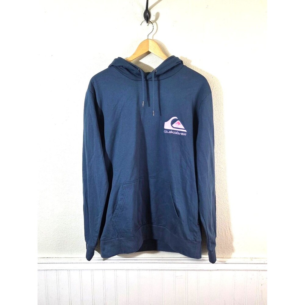 Quiksilver Mens Medium Blue Pullover Hoodie Long Sleeve Surf Skate Cotton Logo